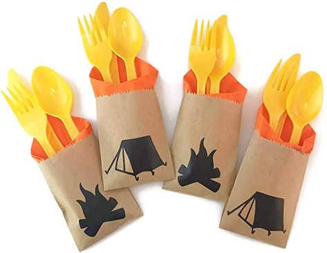 Backyard Party Decorations Birthday, Camping Party Favors, Camping Party Decorations, Backyard Campfire, Camping Theme Birthday, Backyard Party Decorations, Party Cutlery, Camping Theme Party, Cake Decorating Set