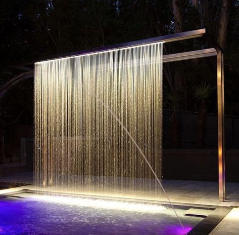 Rain Fountain Outdoor, Indoor Water Curtain, Rain Curtain Water Feature Pool, Pool Rain Curtain, Water Feature Wall Indoor, Outdoor Fountain Ideas Landscaping, Waterwalls Outdoor, Rain Curtain Water Feature, Rain Fountain