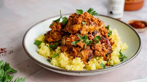 Ras el Hanout Chicken with Muhammara Salsa - Oaktown Spice Shop Quick Marinade For Chicken, Quick Chicken Marinade, Marinade For Chicken, Yogurt Marinated Chicken, Marinated Chicken Thighs, Cauliflower Tacos, Mexican Salsa, Saffron Rice, Ras El Hanout