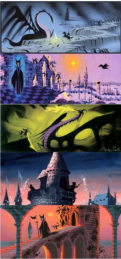 Eyvind Earle concept art for Walt Disney’s “Sleeping Beauty” (1959) Concept Art Disney, Mary Blair Art, Eyvind Earle, Sleeping Beauty 1959, Sleeping Beauty Maleficent, Mary Blair, Disney Background, Disney Artwork, Disney Concept Art