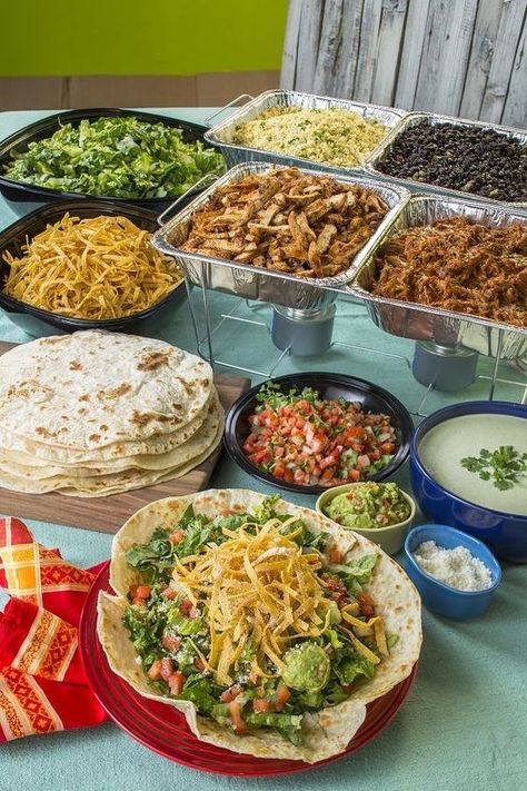 10 Crowd Pleasing Food Bar Ideas For A Party | The Unlikely Hostess Taco Bar Party Buffet Ideas, Burrito Bar Party Ideas, Mexican Bar For Party, Taco Fiesta Party Food, Fajita Table Set Up, Burrito Buffet Ideas, Taco Event Ideas, Taco Bar Bday Party, Make Your Own Taco Bar