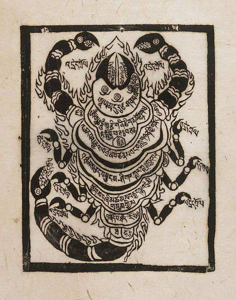 The Tibetan Scorpion Protection Yantra, which is generally associated with the practices of Guru Dragpo, a wrathful form of Padmasambhava, who holds the creature in the outstretched left hand. Protection against demons, obstacles, negativity. (Block Print, 17 c.) Scorpio Illustration, Engraving Illustration, Tibetan Art, White Magic, Buddhist Monk, Ancient Aliens, Art Of Living, Graphic Design Typography, Miniature Painting