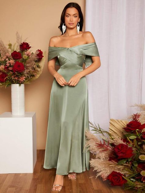 Green Satin Bridesmaid Dresses, Off Shoulder Bridesmaid Dress, Bridesmaid Satin, Green Satin Dress, Satin Bridesmaid Dress, Sage Green Bridesmaid Dress, Sage Green Dress, Off Shoulder Wedding Dress, Bridesmaid Dresses With Sleeves