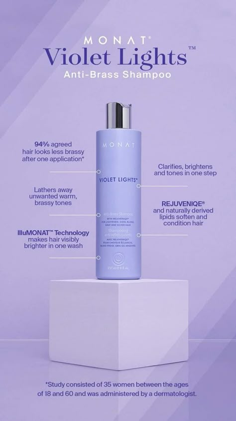 Brighter Hair in One Wash! When blonde, balayage; or highlights start to fade, you need brass-kicking technology! Our new Violet Lights™ Anti-Brass Shampoo and Anti-Brass Toning Masque deliver by neutralizing unwanted yellow and brassy tones for brighter hair in one wash! #monat #monathaircare #purpleshampoo #purplemasque #hairproducts #antiaginghaircare Shampoo Ads Creative, Silver Hair Shampoo, Monat Black Shampoo, Monat Black, Brassy Hair, Take A Quiz, Social Media Branding Design, Hair Silver, Monat Hair