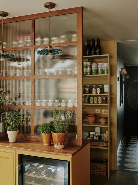 Scullery Ideas, Loft Style Apartment, Recessed Shelves, Glass Room Divider, Sitting Room Design, Victorian Townhouse, Reeded Glass, Box Bedroom, London House