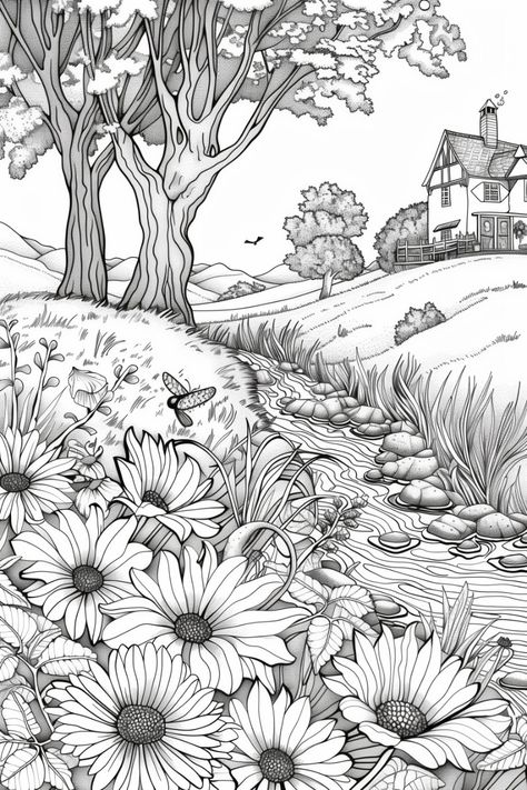 Escape to the peaceful charm of rural life with our "Countryside Scene Coloring Pages," a collection of free printables that capture the beauty of the countryside. Each page features detailed illustrations of idyllic rural landscapes, including rolling hills, quaint farmhouses, blooming fields, and winding country roads. Perfect for those who love nature and tranquil scenes, these coloring pages offer a relaxing and creative retreat into the simplicity and beauty of the countryside. #CountrysideScenes #ColoringPages #FreePrintables #RuralLife #NatureArt #AdultColoring #CreativeEscape #ArtTherapy #PeacefulLandscapes Landscape Sketch Pencil Nature, Country Coloring Pages, Scene Coloring Pages, Coloring Pages Nature, Garden Coloring Pages, Learn Watercolor Painting, Creative Retreat, Learn Watercolor, Landscape Sketch