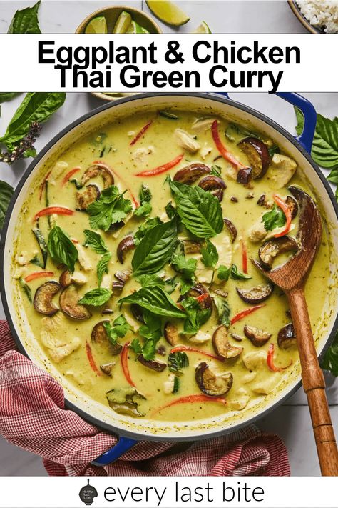 Eggplant & Chicken Thai Green Curry Thai Green Curry Chicken With Eggplant, Thai Eggplant Recipes, Green Curry Recipes Thai, Thai Eggplant Curry, Thai Dinner Recipes, Thai Green Curry Chicken, Crock Pot Curry, Green Thai Curry, Thai Green Chicken Curry