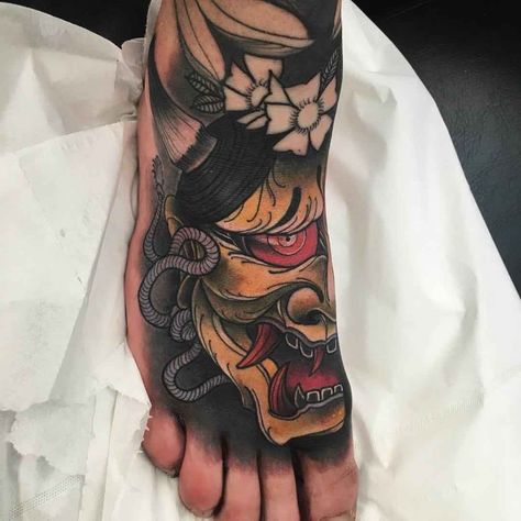 Japanese Foot Tattoo, Foot Tattoo Designs, Ankle Tattoo Men, Japanese Tattoo Women, Hannya Mask Tattoo, Tattoo Foot, Japanese Tattoo Symbols, Forarm Tattoos, Japanese Tattoos