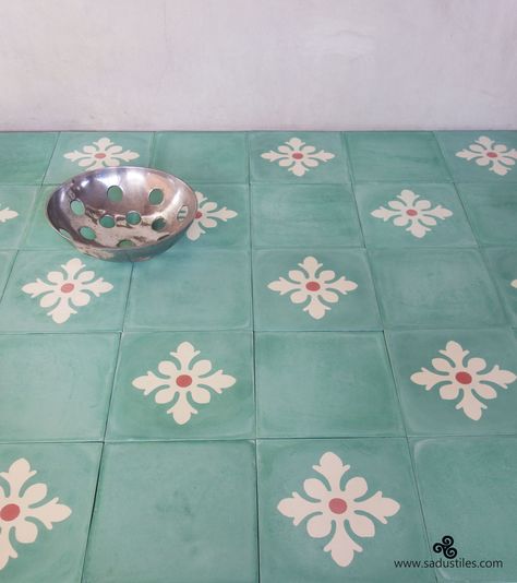 Sadus Tiles handmade cement tiles from Bali - Indonesia Cement Floor Tiles Bathroom, Handmade Cement Tiles, Green Cement Tile, Spa Tile, Celeste Encaustic Cement Tile, Cement Look Tile, Downstairs Loo, Style Tile, Cement Tile