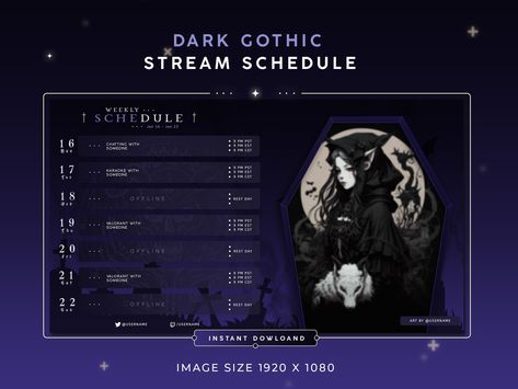 Gothic Stream Overlay, Stream Schedule Template, Vtuber Overlay, Stream Schedule, Weekly Schedule Template, Weekly Template, Photo Editing Websites, Twitch Banner, Photoshop Video Tutorials