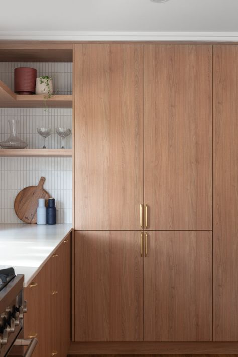 Rift Sawn White Oak Cabinets Kitchen Modern, Brushed Nickel Hardware Kitchen, Floor To Ceiling Cabinets, Timber Kitchen, Compact Appliances, Appliance Cabinet, Cabinetry Hardware, Brass Door Handles, Kitchen Inspiration Design