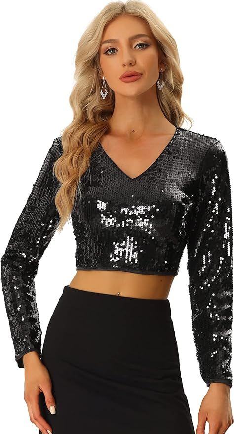 Shiny Crop Top, Party Blouses, Women Fall Tops, Party Blouse, Sparkly Top, Halloween Long Sleeve, Sequin Crop Top, Stylish Top, Long Sleeve Sequin