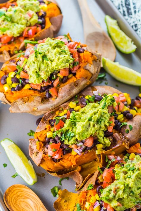 Make these Vegan Black Bean Taco Stuffed Sweet Potatoes for a satisfying Mexican dish that's healthy, fresh and amazingly flavorful. Black Bean Taco Stuffed Sweet Potatoes These Mexican stuffed sweet potatoes are probably one of my favorite dinners ever. It's vegan, healthy, fresh and ready in under an hour. It's such a simple meal, but it packs a ton of flavor. It's basically a taco or burrito bowl, but instead of layering the ingredients over rice, you plop them into a baked sweet potato. ... Dinners Healthy, Baked Sweet Potatoes, Black Bean Tacos, Stuffed Sweet Potatoes, Mexican Dish, Bean Tacos, Vegan Black Bean, Meals Healthy, Healthy Dinners