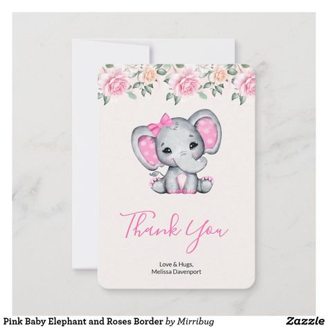 Pink Baby Elephant and Roses Border Thank You Card Baby Shower Save The Date, Roses Border, Boy Baby Shower Ideas, Elephant Baby Shower Invitations, Pink Baby Shower Invitations, Baby Shower Invitaciones, Floral Save The Dates, Date Invitation