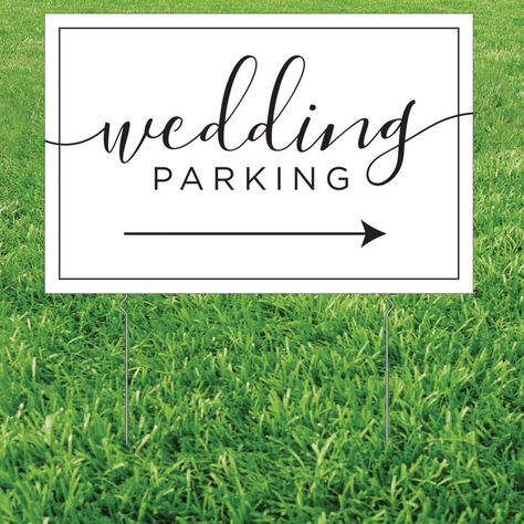 Show wedding guests where to park with this elegant parking sign. Great for weddings that take place in unconventional venues where parking might not be obvious, this yard sign takes the guess work out for friends and family coming to share in your big day. That way, they can focus more on you and your spouse-to-be! Includes metal stakes. Corrugated plastic. 26" x 17" Simple assembly required. © OTC Parking Signs For Party, Parking Sign Wedding, Wedding Yard Signs, Parking Signs For Wedding, Wedding Parking Sign, Wedding Road Signs, Farm Signage, Heather Ideas, Wedding Parking