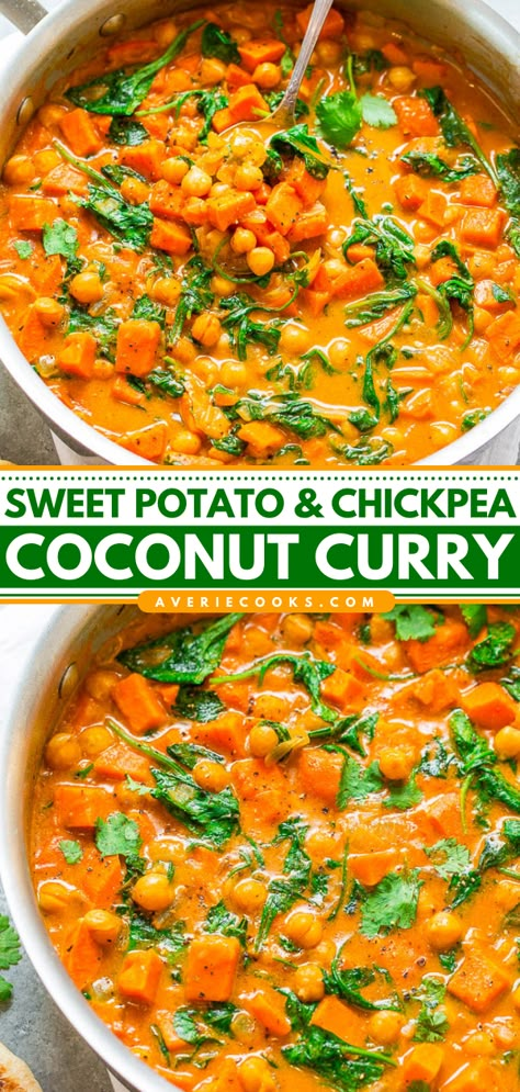 Thai Chicken Coconut Curry, Sweet Potato Coconut Curry, Crock Pot Curry, Sweet Potato Chickpea Curry, Chicken Coconut Curry, Chickpea Curry Recipe, Chickpea Coconut Curry, Averie Cooks, Sweet Potato Curry