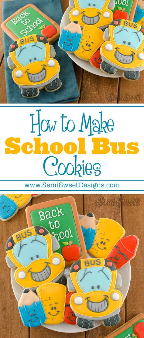 How to Make School Bus Cookies School Bus Cookies Decorated, School Bus Cookies, Bus Cookies, Back To School Cookies, Cookie Bouquets, School Cookies, School Cake, Decorated Cookies Tutorial, Movie Cars