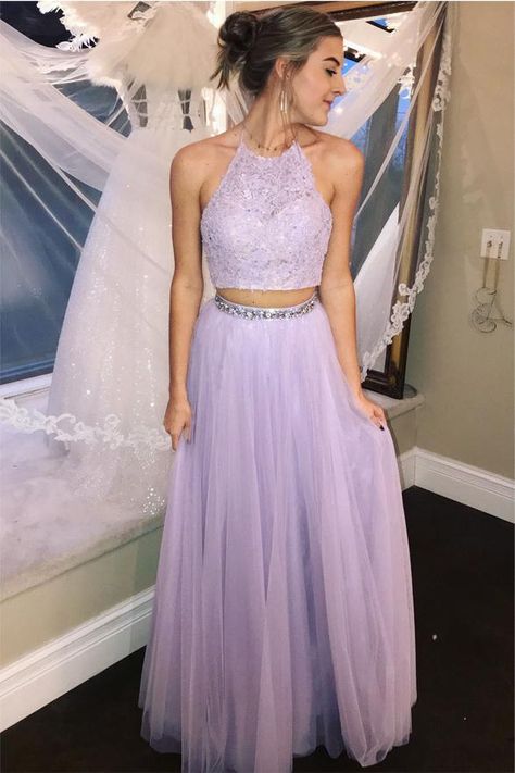 Modest Tulle Prom Dress, Prom Dresses Lavender, Two Piece Evening Dresses, Lavender Prom Dresses, Two Piece Prom, Stylish Gown, Halter Prom Dresses, Dresses Tulle, Simple Prom Dress