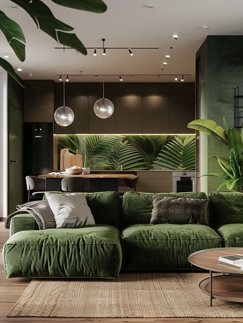 Forest Green Living Room, Forest Green Interior, Modern Green Living Room, Lounge Mood Board, Green Living Room Ideas, Dark Green Living Room, Sage Green Living Room, Painted Rooms, Green Living Room Decor