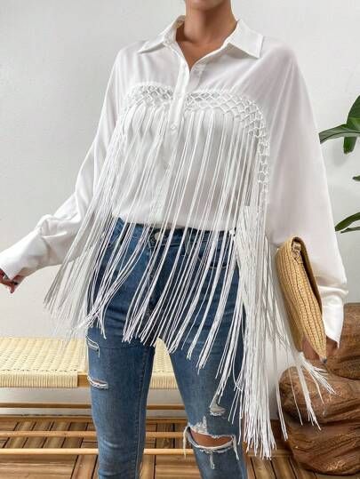 Flowy Shirt, Plain Shirt, Plain Shirts, Fringe Trim, White Casual, Batwing Sleeve, Bat Wings, White Shirt, Women Clothing