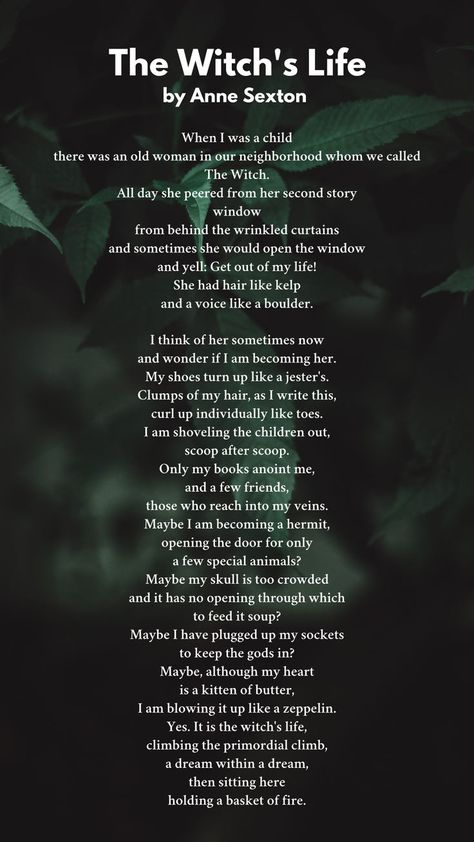 Wicca Knowledge, Witchy Poems, Witchcraft Poems, Witch Poems, Witchy Poetry, Poems About Witches, Anne Sexton Poems, Gothic Poems Beautiful, Poem About Myself