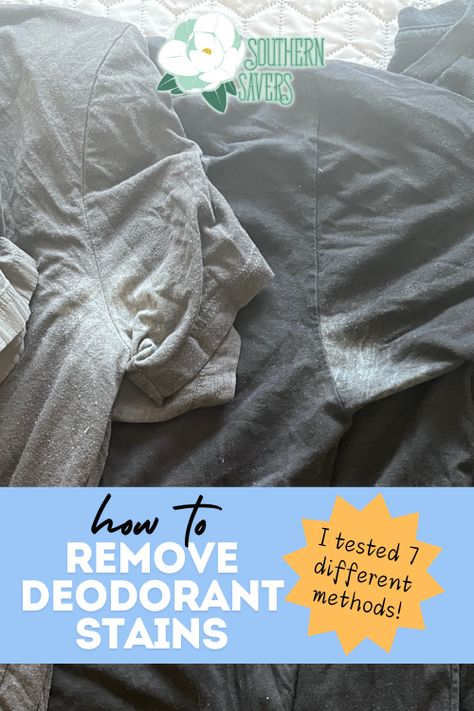 Give those T-shirts new life by getting all that unattractive buildup out of the armpits! See my results from testing 7 ways to remove deodorant stains. via @southernsavers Removing Pit Stains From Clothes, Get Deodorant Stains Out Of Clothes, Yellow Armpit Stain Remover, How To Get Bo Smell Out Of Shirts, How To Clean Armpit Stains, Remove Underarm Stains From Clothes, Removing Deodorant Buildup Clothing, Deodorant Stain Removal, How To Get Deodorant Stains Out Of Black