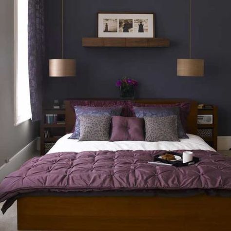 This bedroom is sophisticated and cozy with dusky blue walls and grape accents. Romantic Purple Bedroom, Plum Bedroom, Purple Bedroom Design, Small Bedroom Ideas For Couples, Bedrooms For Couples, Purple Bedrooms, Purple Bedroom, Eclectic Bedroom, Ideas Hogar