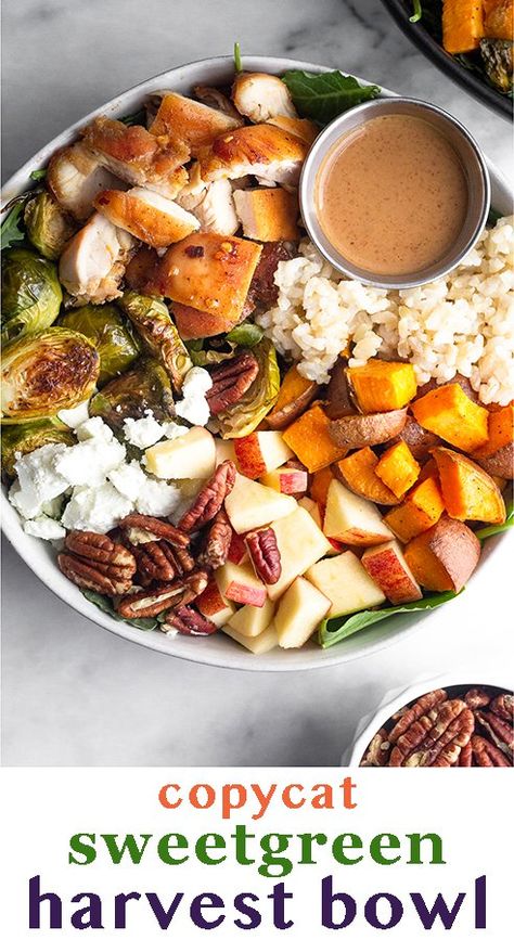 Copycat Sweetgreen harvest bowl made with marinated chicken, roasted sweet potato and brussels, apple, pecans, goat cheese, and a creamy balsamic dressing. It makes a flavor-packed grain bowl perfect for a healthy lunch or dinner and great option for meal prep. Greens And Grain Bowl, Grain Bowl Salad, Grain Bowl Dressing Recipes, Healthy Harvest Bowl, Chicken Grain Bowl Recipe, Harvest Bowl Sweetgreen Recipe, Sweet Potato Harvest Bowl, Grain Bowl Dressing, Copycat Sweetgreen Recipes