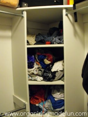 Corner closet with diagonal shelving | OrganizingMadeFun.com Master Closet Corner Shelves, Corner Shelf Closet Organization, Corner In Closet Ideas, Corner Linen Closet Organization, Maximize Corner Closet Space, Corner Closet Storage, Closet Corner Solutions, Corner Closet Organization, Closet Corner Ideas