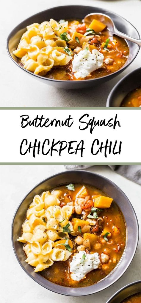 Butternut Squash Chili Recipe, Chili Vegan, Vegan Crockpot Recipes, Vegan Crockpot, Chickpea Chili, Vegetarian Crockpot Recipes, Vegan Chili, Slow Cooker Chili, Squash Recipes