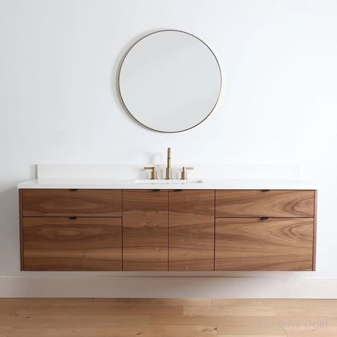 The Austin vanity is proudly made in Canada. The door and drawer fronts are grain matched from one piece of walnut veneer, for a sleek modern look. The grain pattern will flow beautifully from one door to the next. All Austin vanities are equipped with Austrian made BLUM® hardware, to ensure your furniture will last fo Walnut Bathroom Vanity, Brown Countertop, Walnut Bathroom, 72 Vanity, Walnut Vanity, Melamine Cabinets, Grey Drawers, Black Vanity Bathroom, Ceramic Undermount Sink