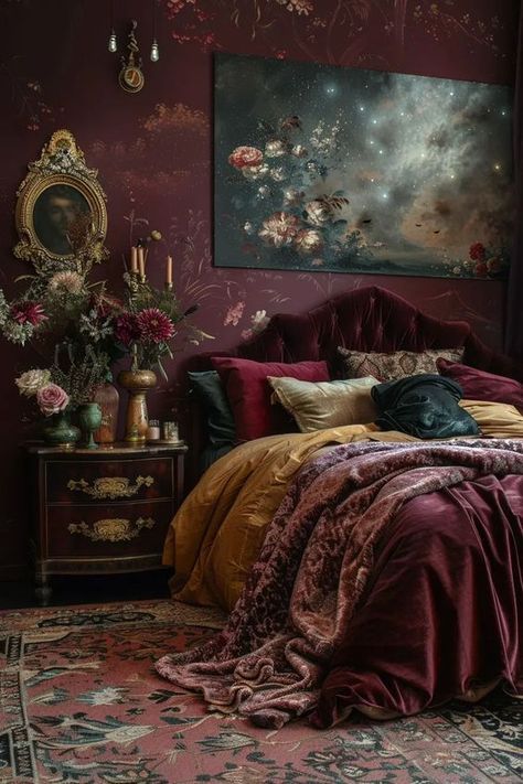 1920s Art Deco Bedroom, Romantic Room Ideas, Whimsigoth Bedroom, 1920s Bedroom, Moody Romantic Bedroom, Dark Academia Room Decor, Purple Bedroom Decor, Fall Bedroom Ideas, Whimsical Bedroom