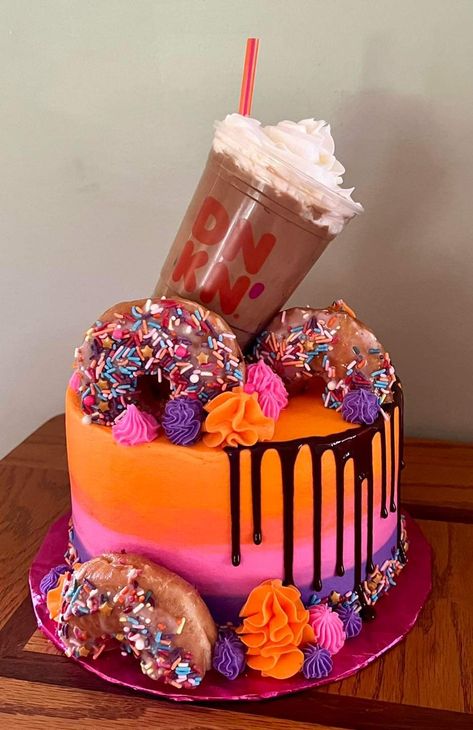 Dunkin Birthday Cake, Dunkin Donut Cake, Donut Cake Birthday, Duncan Donuts, Donut Birthday Cake, Donuts Cake, Dunkin Donut, 20th Bday, Surprise Ideas