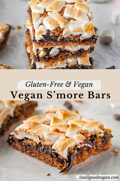 Raise your hand if you love S’mores? These homemade Vegan S’more Bars are baked to perfection and without requiring a campfire! These bars are layered with a crumbly cookie crust, gooey chocolate, and pillowy marshmallows. Make this dessert this season that everyone in your family will love. #smores #vegan #dessert #baking #fallbaking #sweettreats Vegan Smores Dessert, Vegan Smores Bars, Vegan Smores Cookies, Fear Fest, Vegan Smores, Tailgate Desserts, Chunky Monkey Ice Cream, Vegan Dessert Bars, Fall Feast