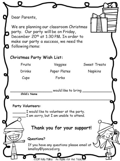 An Apple For The Teacher: Editable Christmas Party Parent Letter Freebie 2 Nd Grade Christmas Party, December Parent Involvement, Class Christmas Party Letter To Parents, Christmas Party Sign Up Sheet Classroom, Class Mom Letter To Parents, Class Party Letter To Parents, Pre K Christmas Party Ideas, Christmas Party Letter To Parents, Elementary Christmas Party