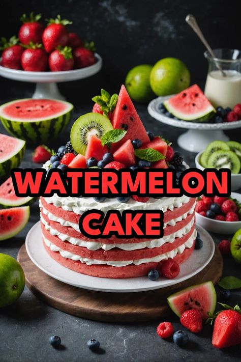 A photo of a  Watermelon Cake which is a type of watermelon desserts Watermelon Desserts, Watermelon Cake Birthday, Watermelon Dessert, Watermelon Sorbet, Watermelon Birthday Parties, Desserts Ideas, Watermelon Cake, Watermelon Birthday, Sticky Fingers