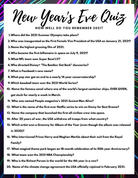 New Years Eve Trivia Game Free Printable - Mom Always Finds Out New Years Trivia With Answers, New Year Questions, New Year Trivia, Chinese New Year Traditions, Fun Quiz Questions, New Year Eve Movie, New Year's Eve Activities, Fun Trivia Questions, New Years Eve Games