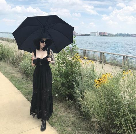 Goth Outfits Spring, Simple Summer Goth Outfit, Black Skirt Goth Outfit, Goth At Beach, Gothic Picnic Outfit, Goth Maxi Dress, Goth Sundress Outfit, Summertime Goth Outfits, Whimsy Goth Summer