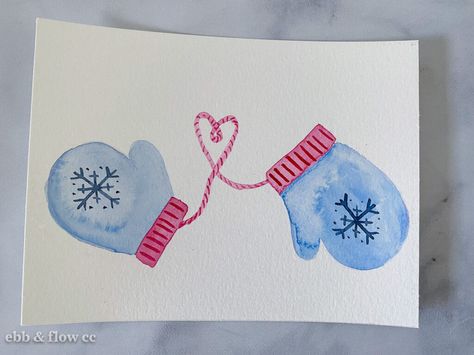 Mitten Christmas Cards, Mitten Watercolor, Watercolor Mittens, Watercolor Christmas Card Ideas, Painting Christmas Cards, Water Colour Cards, Watercolor And Pen Art, Mittens Card, Macrame Craft Ideas