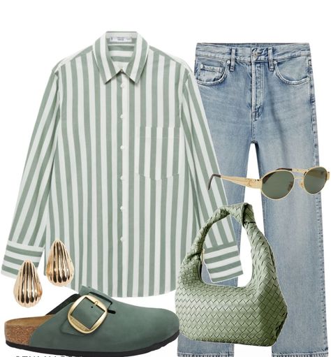 Late Summer Outfits Early Fall, Green Striped Shirt Outfit, Birkenstock Big Buckle, Green Shirt Outfits, Birkenstock Clogs Outfit, Coastal Girl, Clogs Birkenstock, Uni Fits, Outfits Gorditas