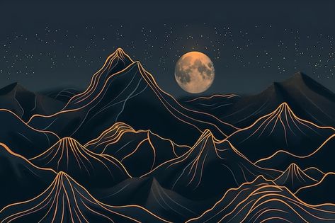 a mountain with a full moon in the background Painted Mountains, Mountains At Night, Ceiling Murals, Moon Painting, Wall Paint Designs, Sky Painting, Mountain Paintings, Mountain Art, Wall Paint