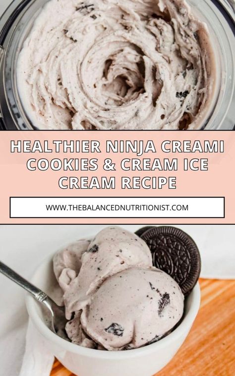 Check out this healthy ninja creami ice cream recipe! Is there anything better than cookies & cream ice cream? I'm pretty much Oreo obsessed! This cookies & cream ninja recipe is made with just four simple ingredients and is lower sugar than the classic cookies and cream ice cream you’ll find in store. Ninja Creami Recipe, Cookies Cream Ice Cream, Healthy Protein Desserts, Health Dessert Recipes, Ninja Ice Cream Recipe, Cookies And Cream Ice Cream, Protein Ice Cream Recipe, Nutritious Desserts, Vegetarian Cookies