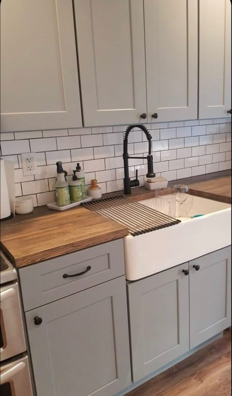 Gray Cabinets Kitchen With Butcher Block, Grey Cabinet With Butcher Block Top, Small Kitchen Remodel Farmhouse Modern, Grey And White Kitchen With Butcher Block Countertops, Dark Style Kitchen, Galley Kitchen Remodel Farmhouse, Diy Kitchen On A Budget, Farmhouse Kitchen Simple, Kitchen Astethic