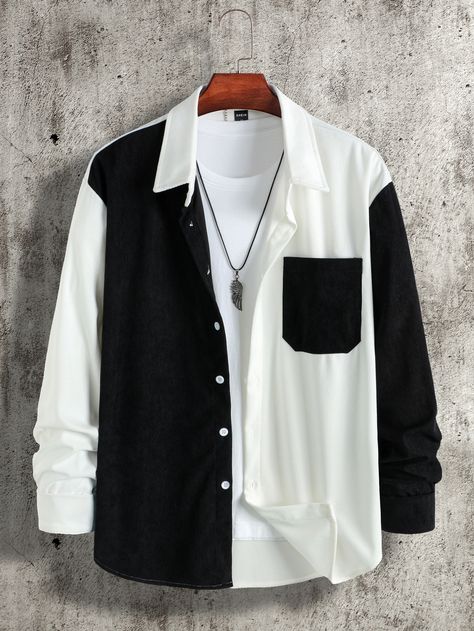 Black And White Outfits Men, White Outfit For Men, Colorblock Shirt, Clown Clothes, Latest African Men Fashion, Color Blocking Outfits, White Shirt Men, Corduroy Shirt, African Men Fashion