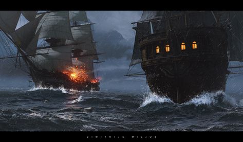 ArtStation - Ship Battle, Dimitrije Miljus Ship Battle, Salt City, Sea Battle, Ship Craft, Old Sailing Ships, Pirate Adventure, Scene Art, Concept Ships, Fantasy Art Landscapes