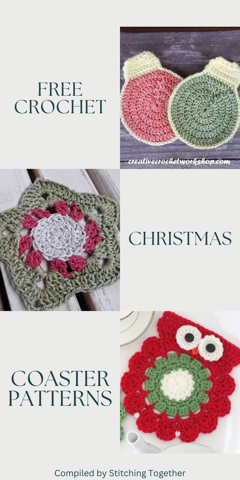 collage of crochet christmas coasters with text reading "free crochet christmas coaster patterns. Christmas Coaster Crochet, Cute Christmas Crochet, Crochet Christmas Coasters, Winter Crochet Patterns, Crochet Decorations, Coaster Patterns, Easy Christmas Ornaments, Coaster Pattern, Winter Crochet