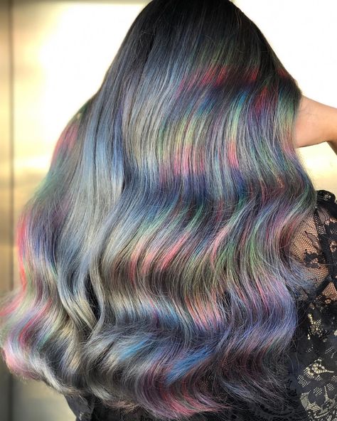 Prism Highlights Hair, Holographic Hair Dark, Prism Hair Color, Prism Hair, Dye Highlights, Iridescent Hair, Extreme Hair Colors, Oil Slick Hair, Dyed Hair Care