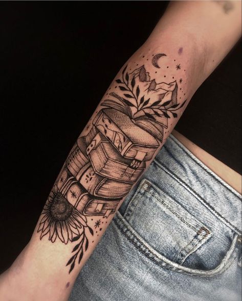 Forarm Tattoos Female, Creative Tattoo Sleeves For Women, Self Growth Sleeve Tattoo Ideas, Unique Forearm Tattoos Creative, Reading Tattoo Sleeve, Library Sleeve Tattoo, Book Half Sleeve Tattoos For Women, Books And Nature Tattoo, Books Coffee Tattoo