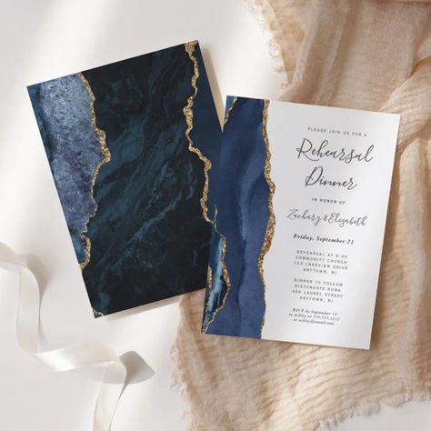 Modern Blue Gold Agate Wedding Rehearsal Dinner Invitation Dark Wedding Invitations, Elegant Modern Wedding, Agate Wedding, Wedding Rehearsal Dinner Invitations, Blush Wedding Invitations, Foil Wedding Invitations, Foil Invitations, Theme Color, Gold Wedding Invitations