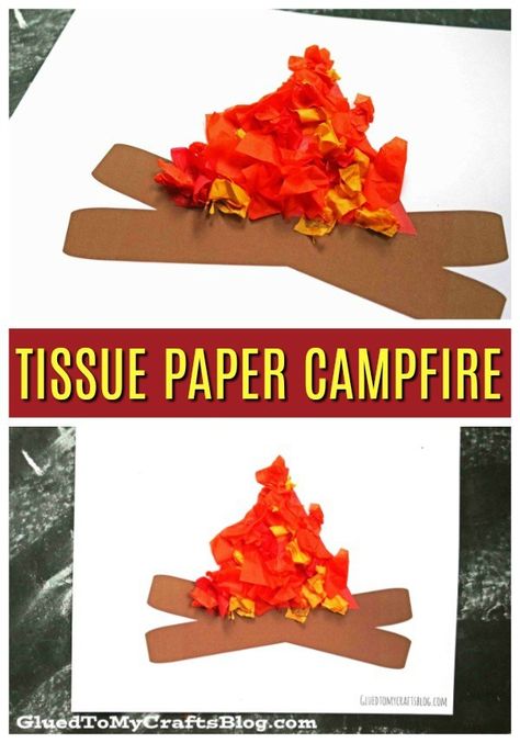 Tissue Paper Campfire - Kid Craft w/free printable - Summer Kids Craft - Paper Art Project - 5 Minute Tutorial Campfire Crafts For Kids, Camping Preschool, Camping Theme Preschool, Arts And Crafts For Teens, Craft Kids, Summer Craft, Camping Theme, Kids Wood, Camping Crafts